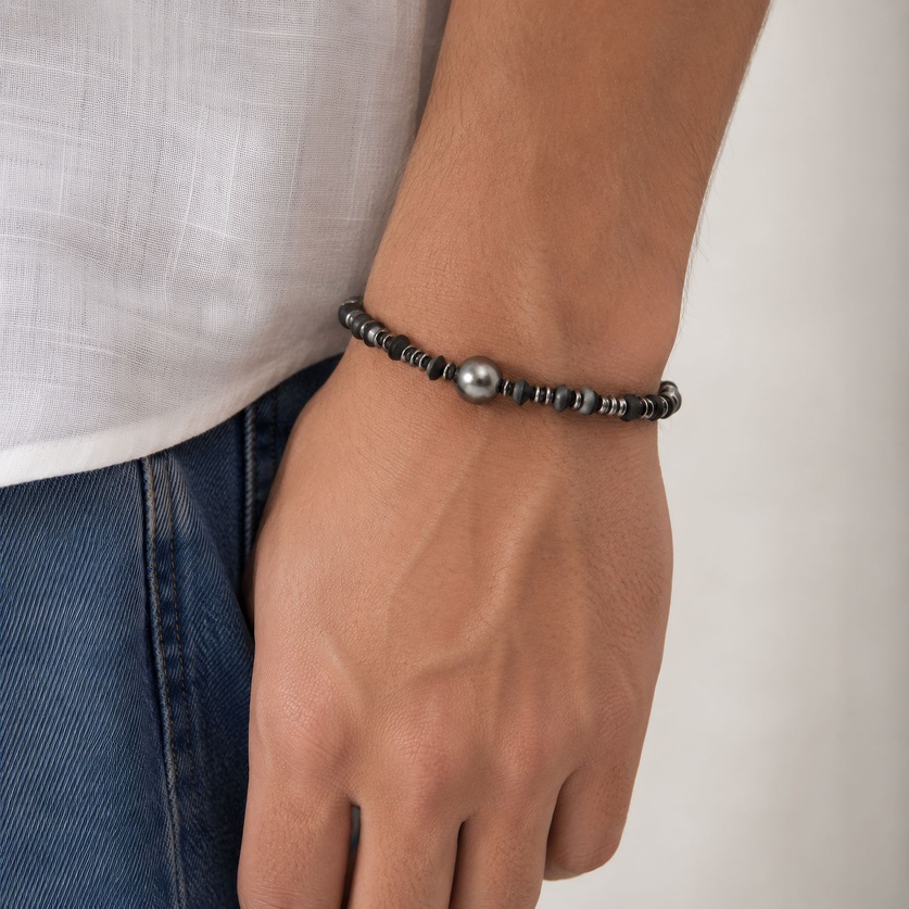 Silver and Onyx Bracelet with Tahitian Pearl