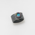 Wide ring with turquoise doublet stone and rubies