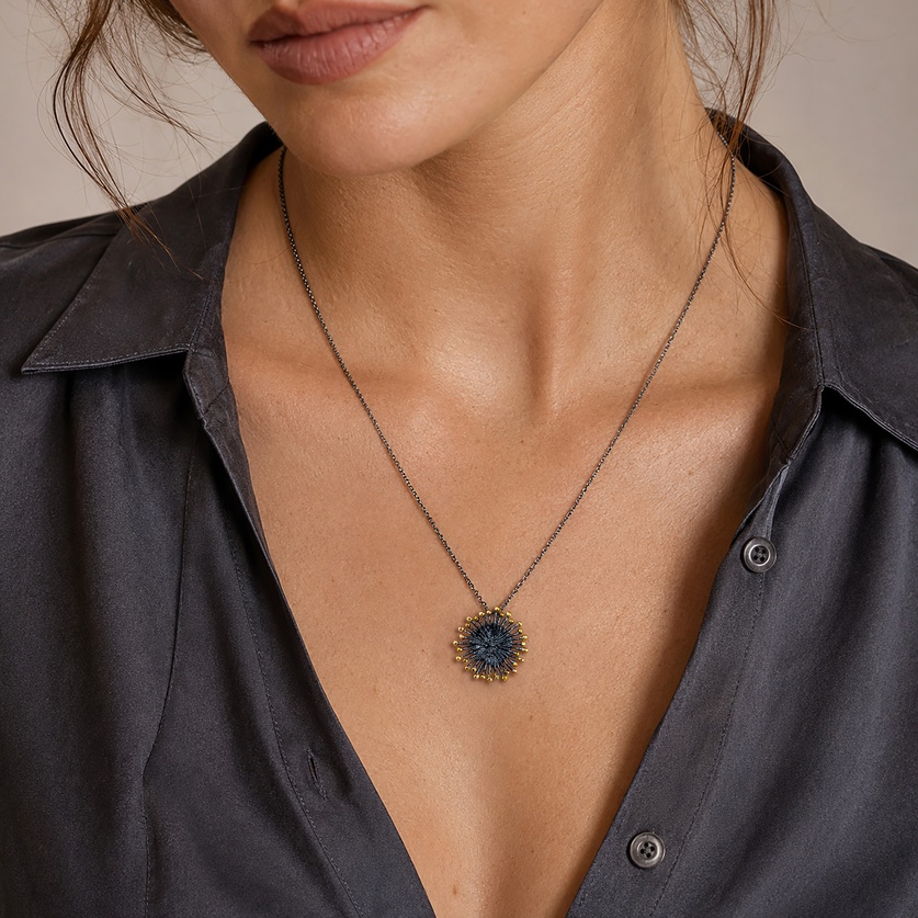 Delicate Silver “Sea Urchin” Pendant with Gold Inlay