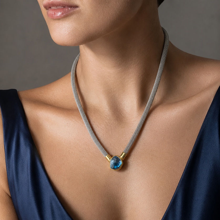 Exquisite Necklace with Blue Topaz & Stainless Steel Mesh Cord