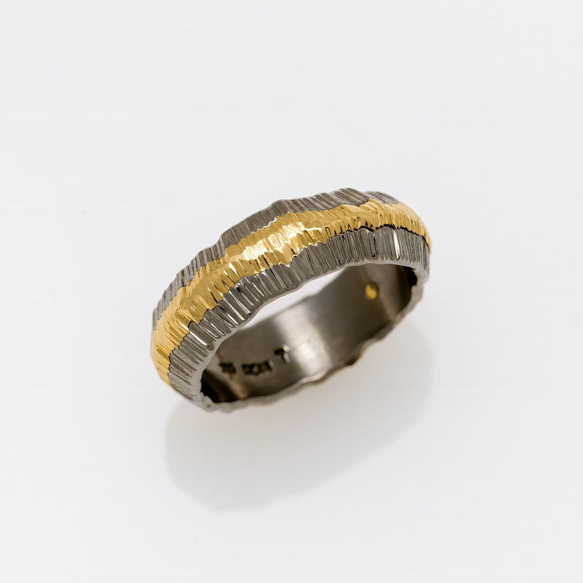Distinctive Titanium & Gold Wedding Ring With Textured Finish