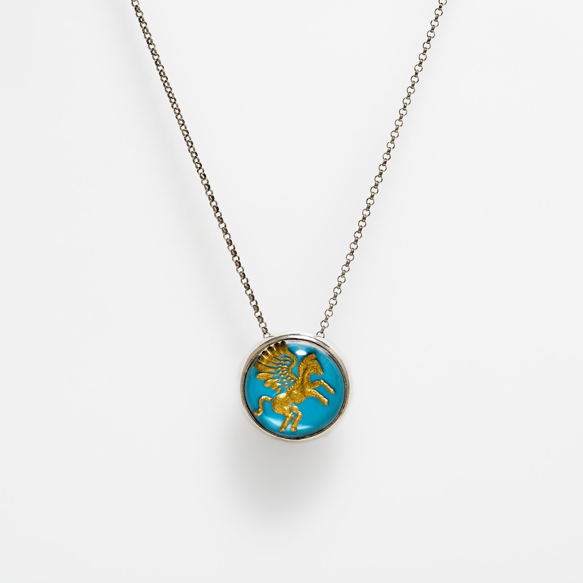 "Pegasus" Necklace with Engraved Quartz & Turquoise