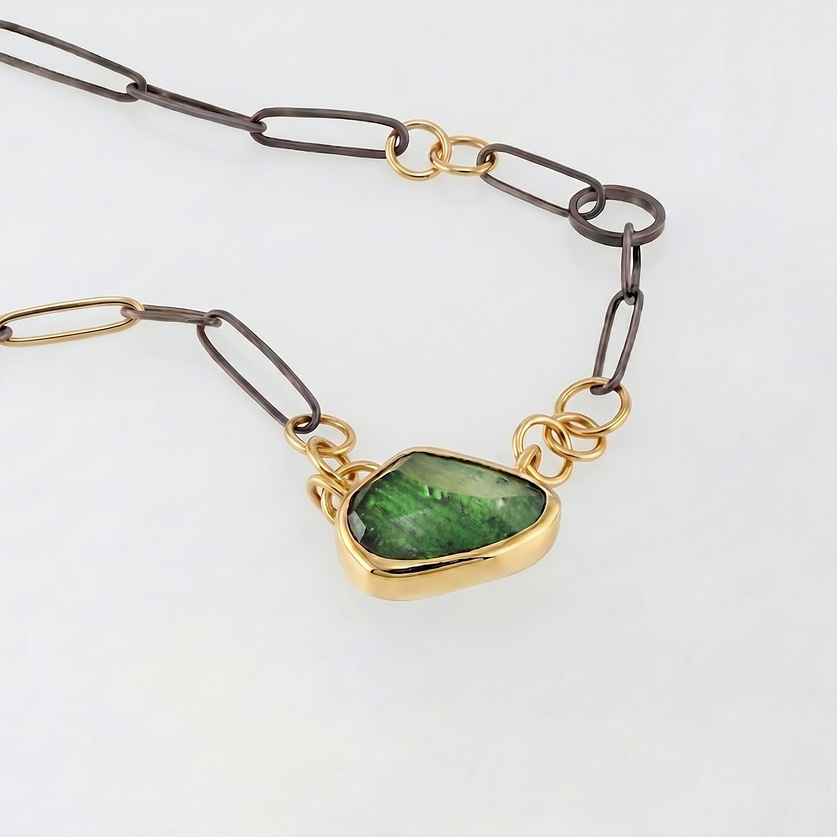 Distinctive Silver and Gold Necklace With Green Tourmaline