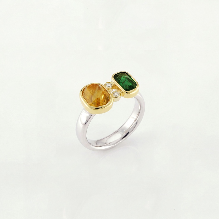 Distinctive Ring With Heliodor, Green Tourmaline & Diamonds
