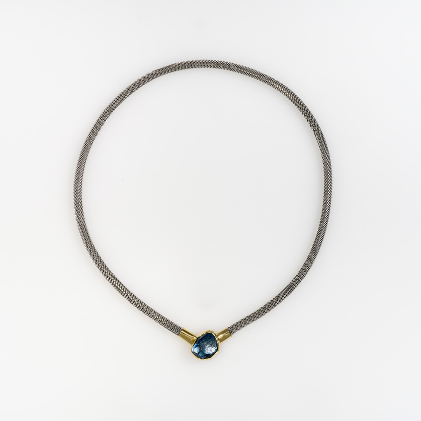 Exquisite Necklace with Blue Topaz & Stainless Steel Mesh Cord