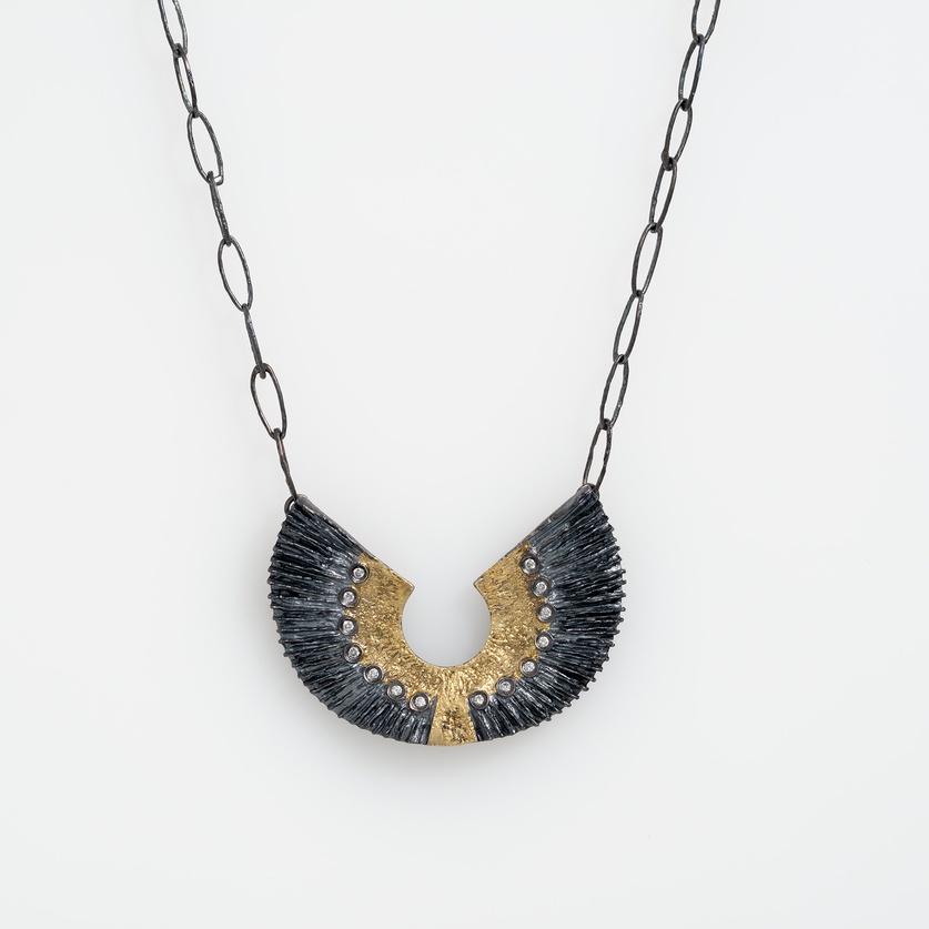 Striking Oxidized Silver & Gold Pendant with Diamonds