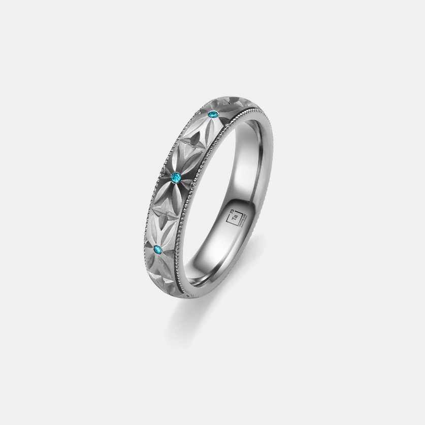 Women's Tantalum Wedding Ring With Geometric Pattern & Blue Diamonds