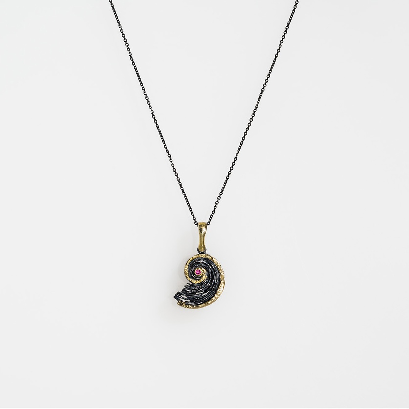 "Snail" Pendant in Silver & Gold with Ruby