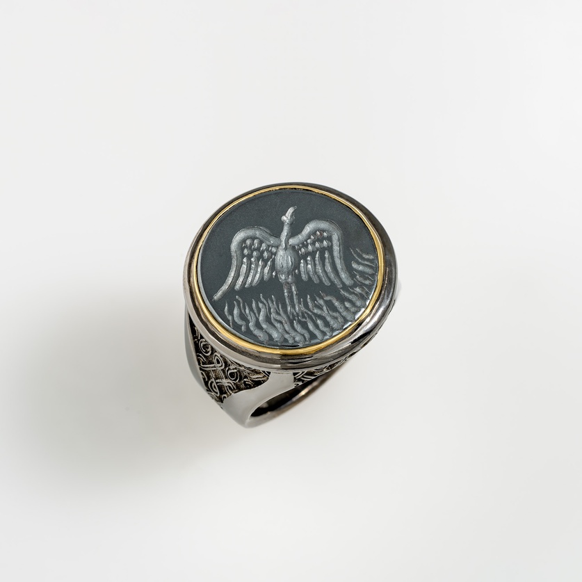 Exquisite "Phoenix" Ring with Engraved Hematite