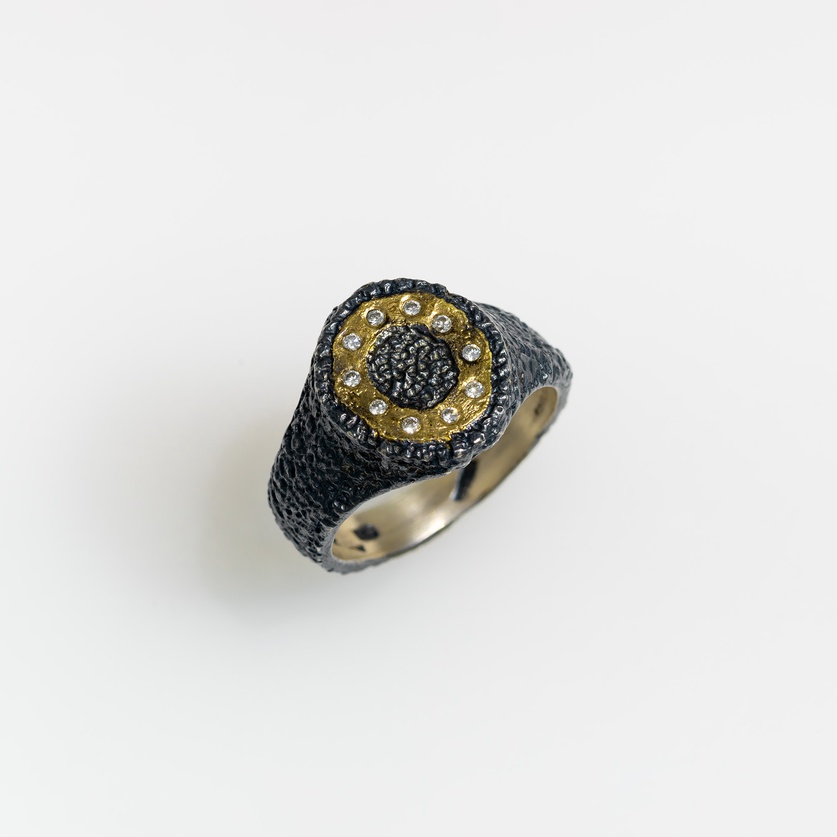 Oxidized Silver & Gold Ring with Diamonds