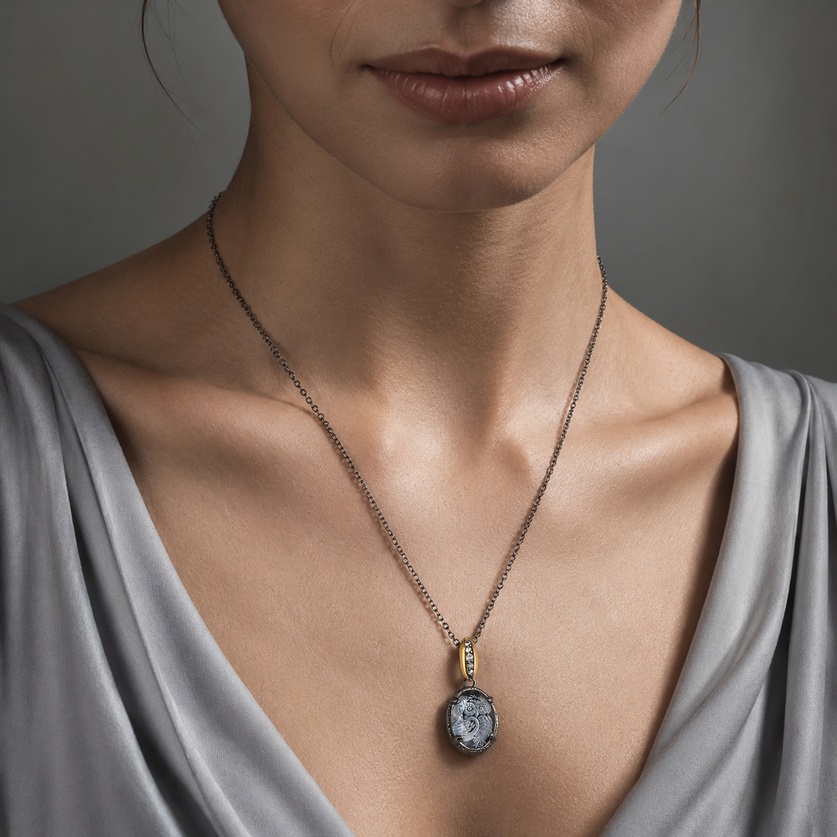 "Owl" Necklace with Engraved Quartz & Topaz