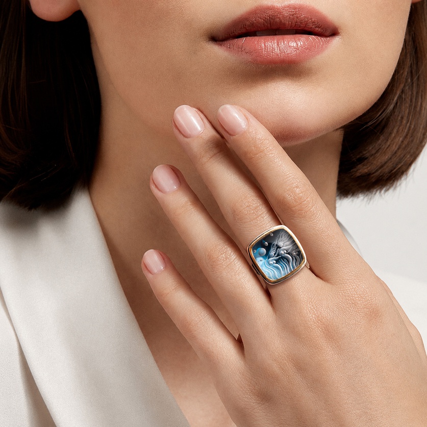 Silver & Gold Ring with Engraved Quartz