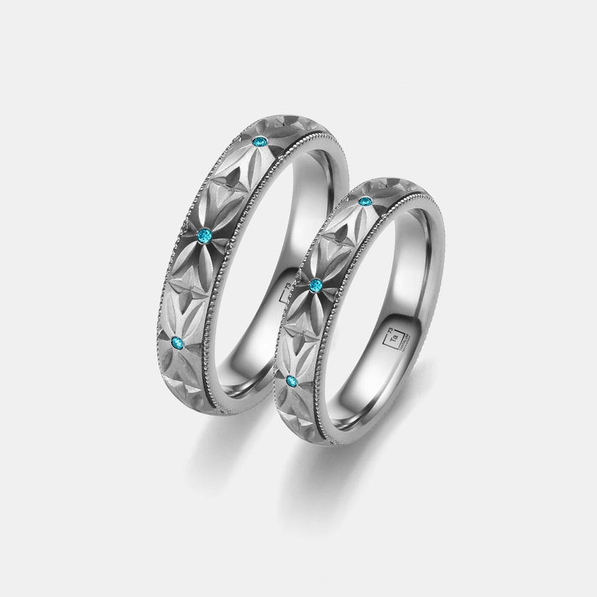 Women's Tantalum Wedding Ring With Geometric Pattern & Blue Diamonds