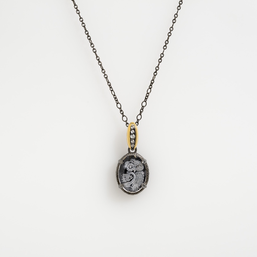 "Owl" Necklace with Engraved Quartz & Topaz