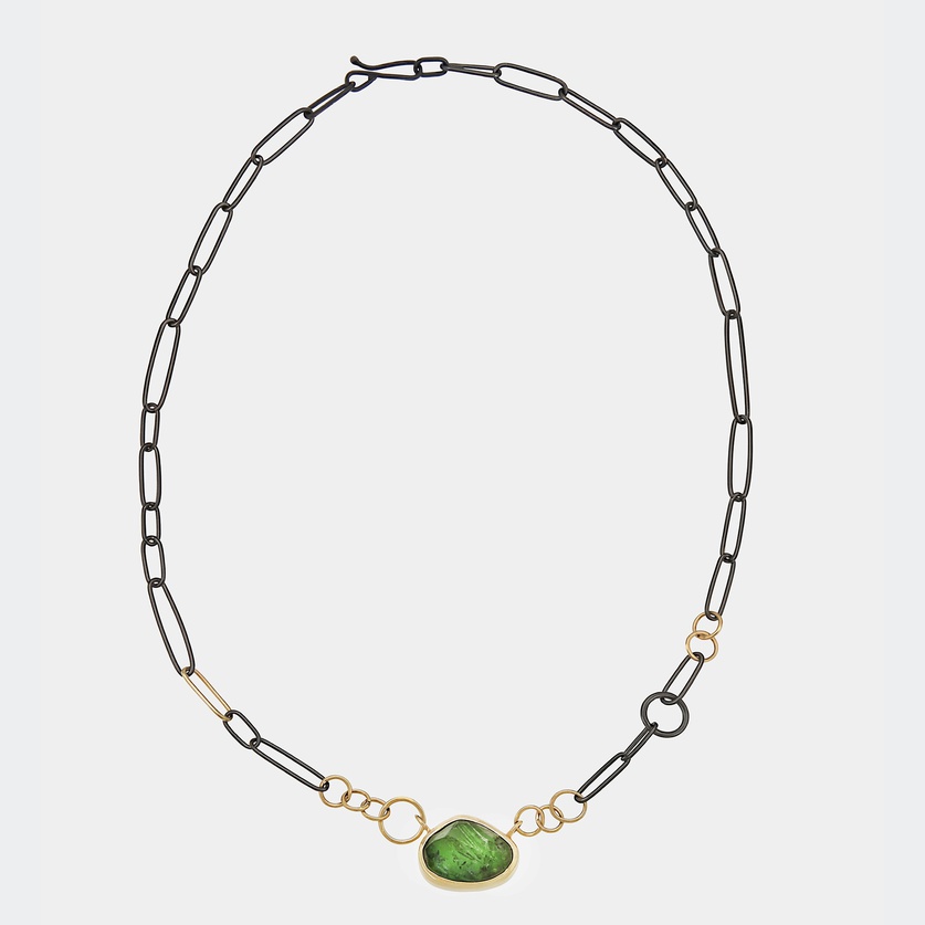 Distinctive Silver and Gold Necklace With Green Tourmaline