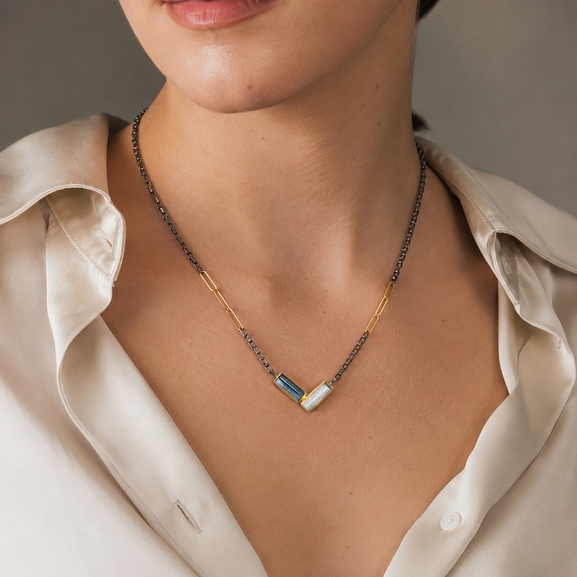Beautiful Necklace in Silver & Gold with Aquamarine & Topaz
