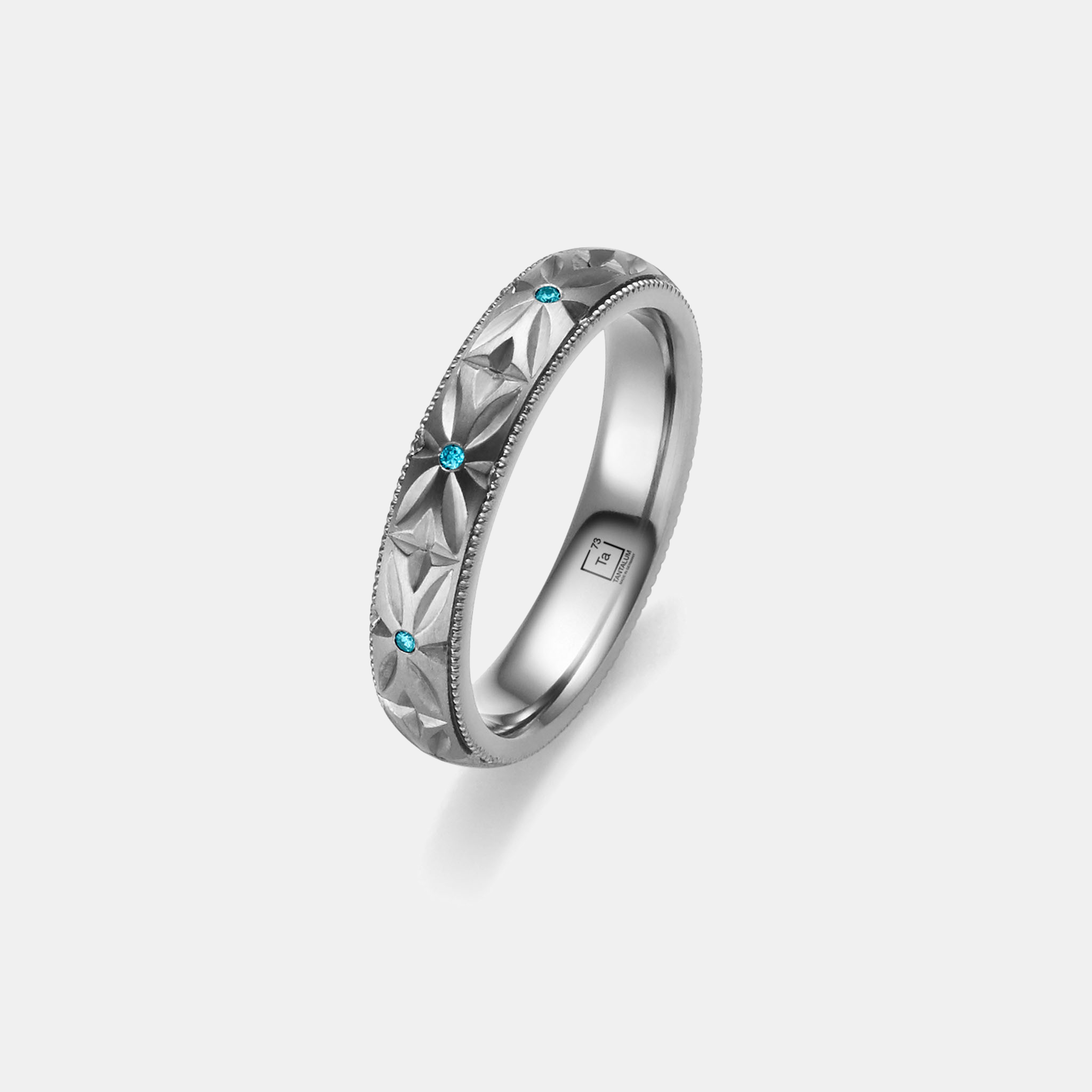 Women's Tantalum Wedding Ring With Geometric Pattern & Blue Diamonds