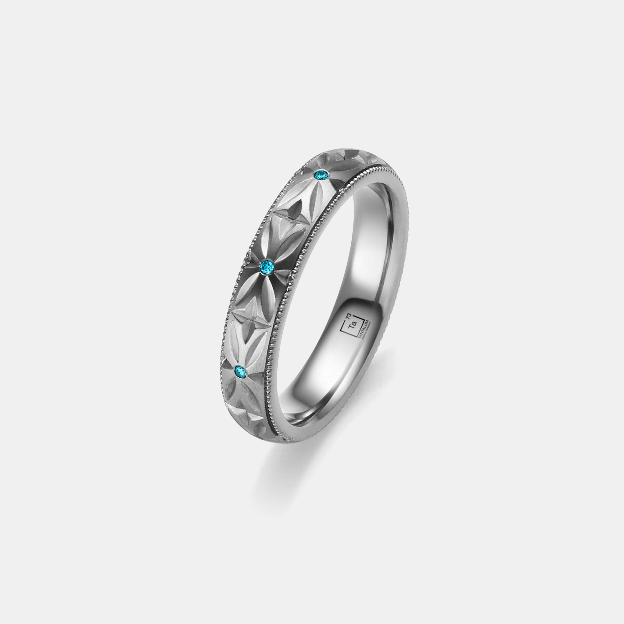 Men's Tantalum Wedding Ring With Geometric Pattern & Blue Diamonds