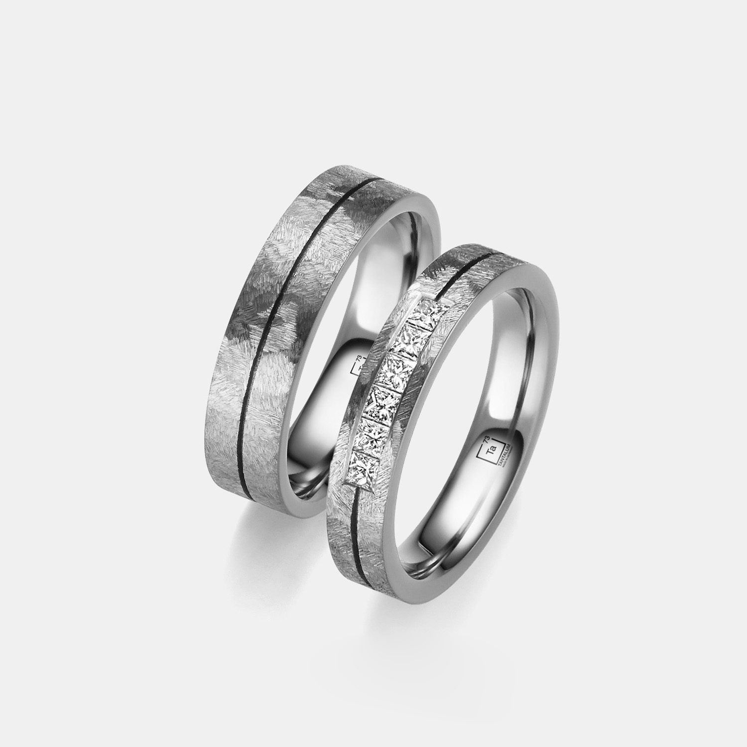 Tantalum Wedding Rings with Embossed Texture & Princess-Cut Diamonds