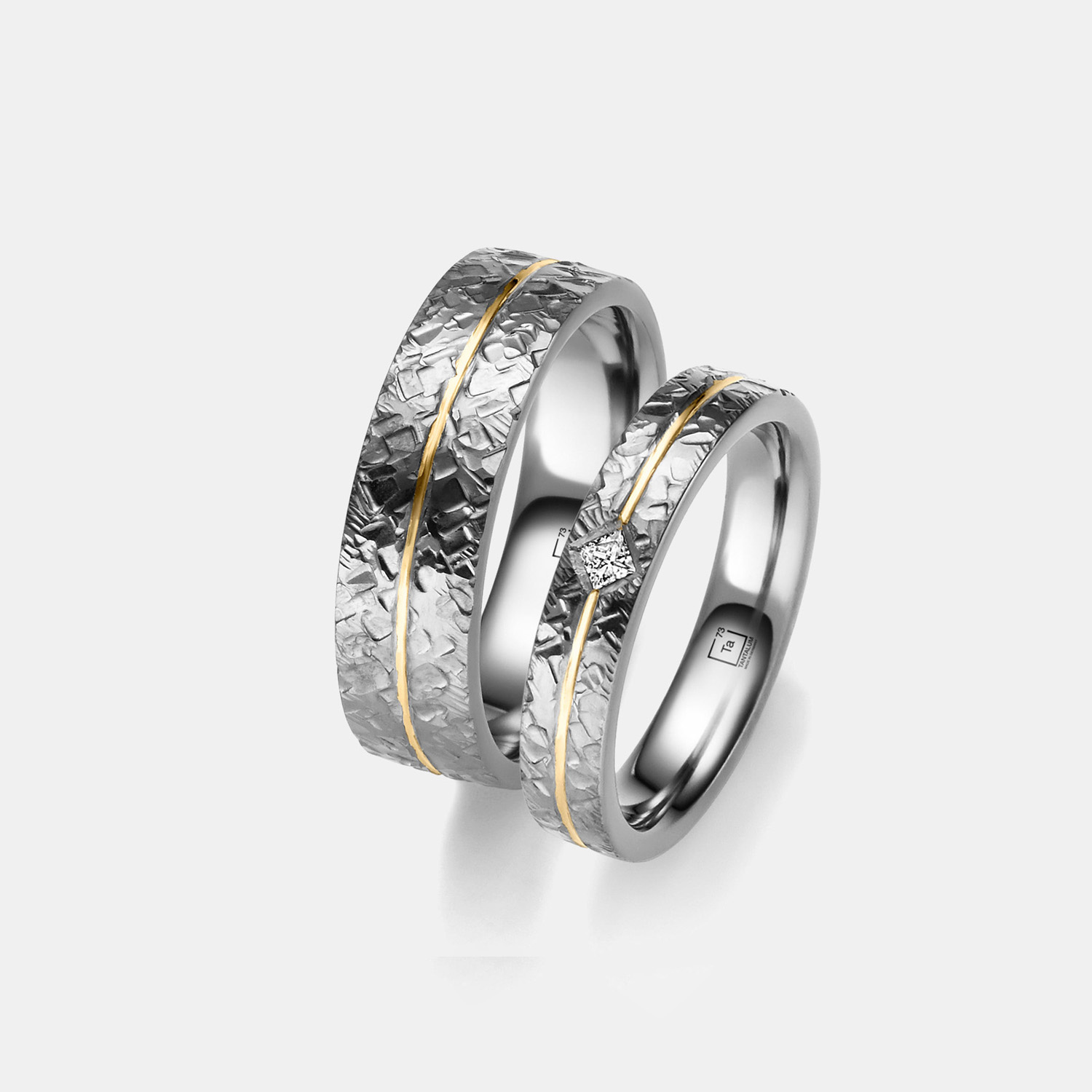 Tantalum Wedding Rings With Gold Detailing & Textured Surface
